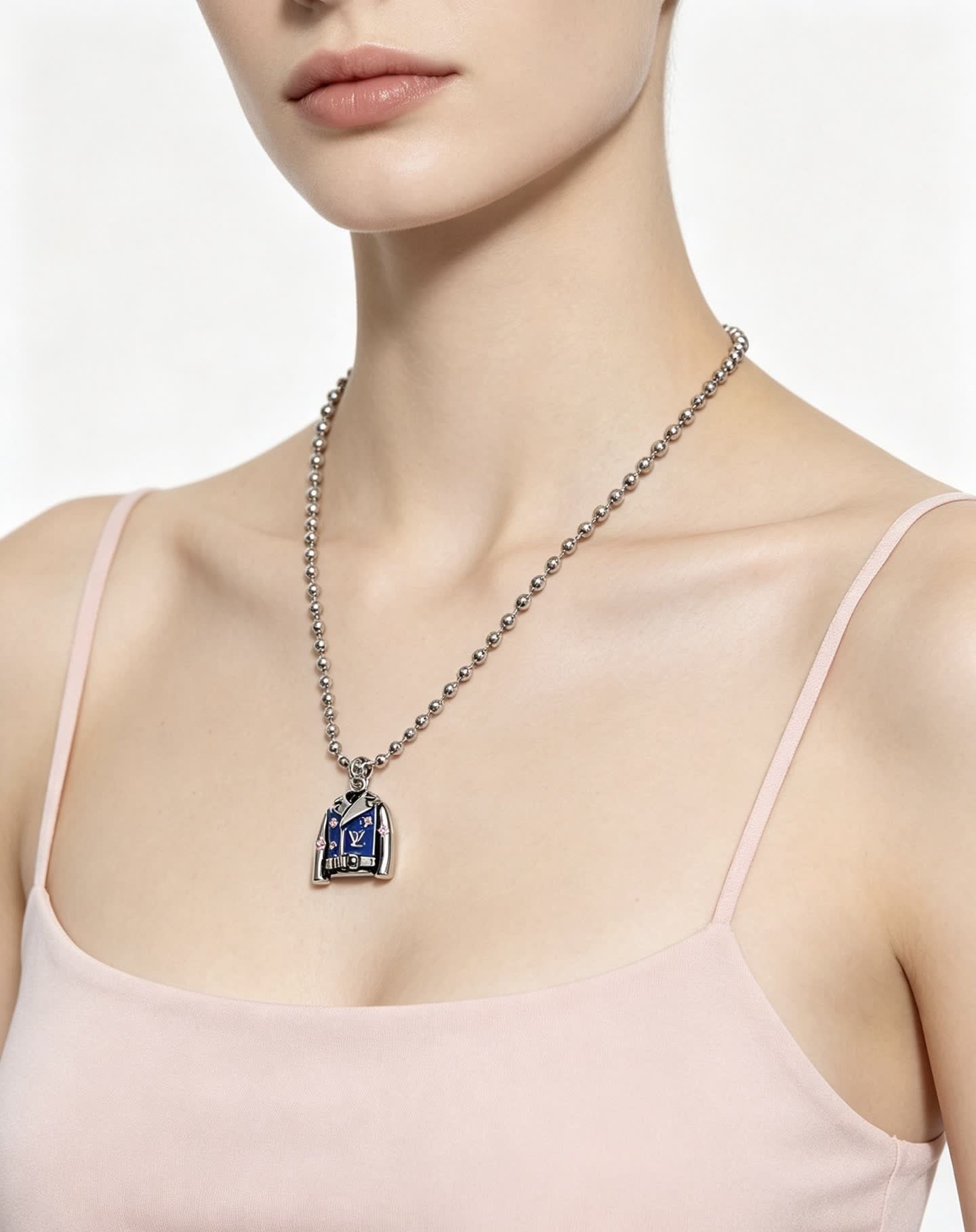 Louis Vuitton Silver Beaded Necklace with Blue Enamel Charm